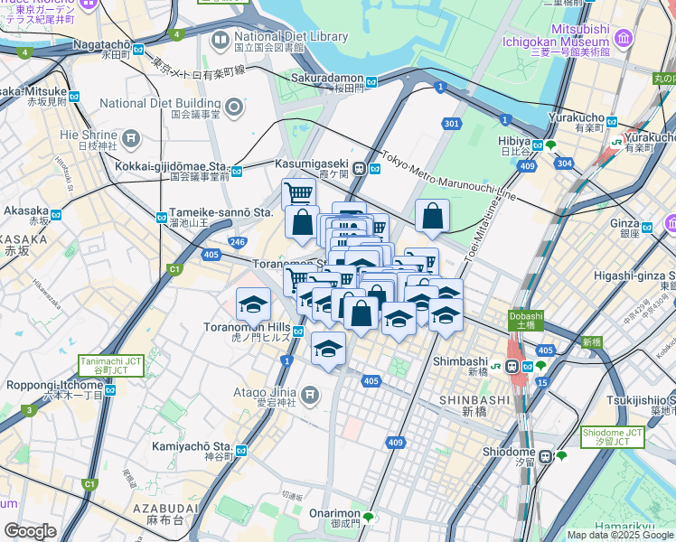 map of restaurants, bars, coffee shops, grocery stores, and more near in Minato City