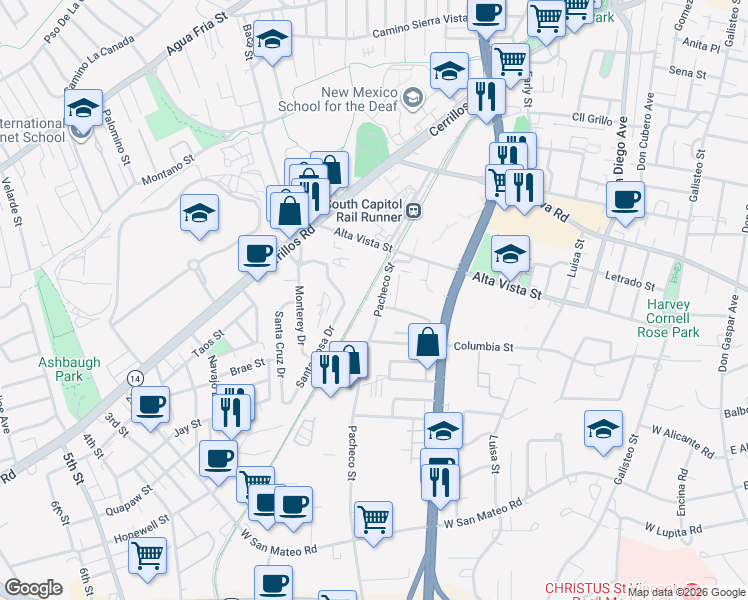 map of restaurants, bars, coffee shops, grocery stores, and more near 1348 Pacheco Street in Santa Fe