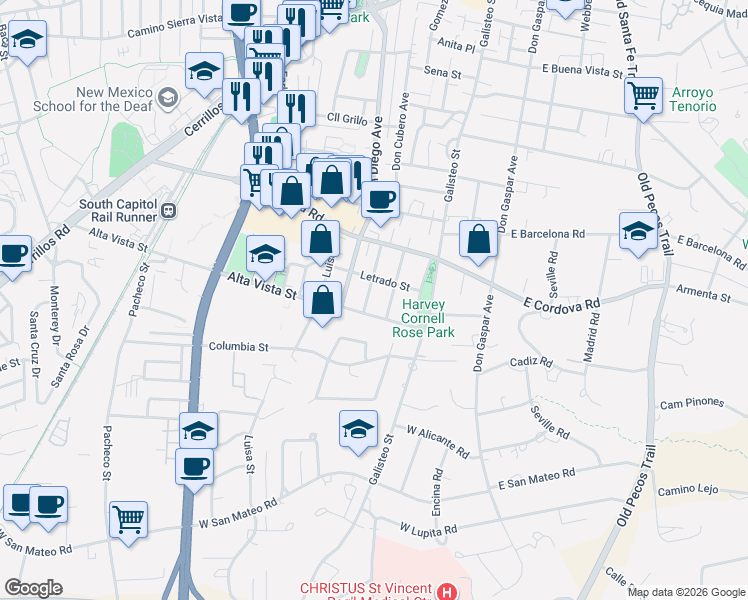 map of restaurants, bars, coffee shops, grocery stores, and more near 1310 Escalante Street in Santa Fe