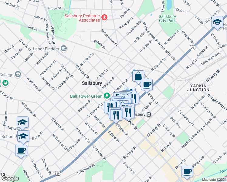 map of restaurants, bars, coffee shops, grocery stores, and more near 303 West Council Street in Salisbury