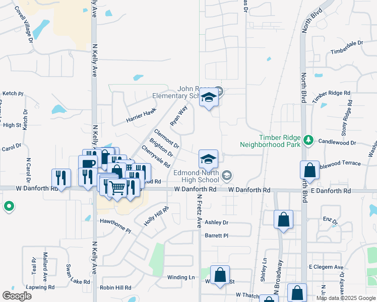 map of restaurants, bars, coffee shops, grocery stores, and more near 313 West Clermont Drive in Edmond