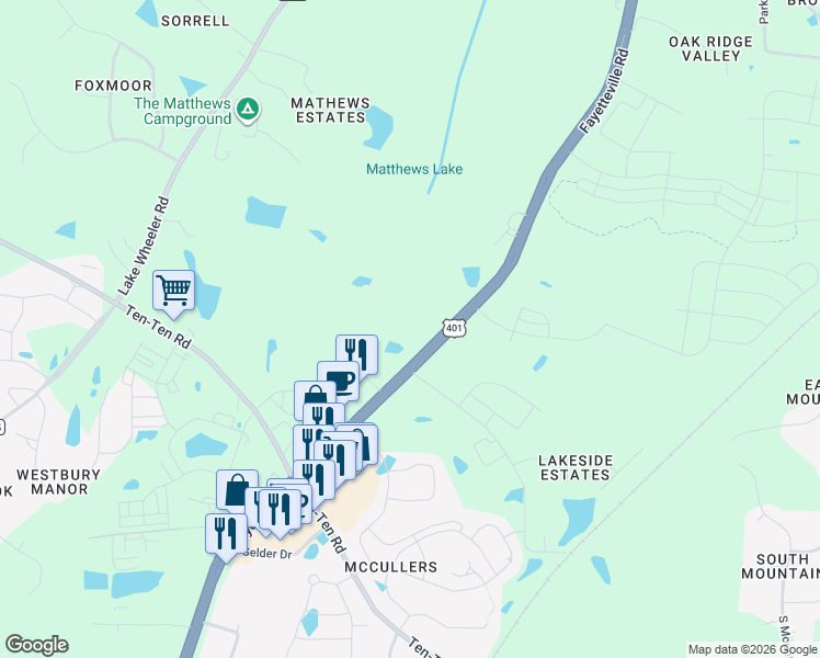 map of restaurants, bars, coffee shops, grocery stores, and more near 7612 Fayetteville Road in Raleigh