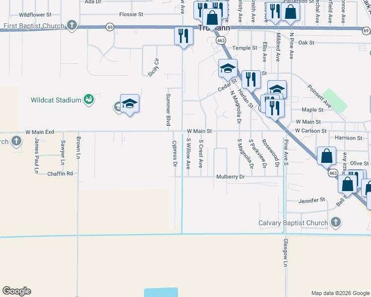map of restaurants, bars, coffee shops, grocery stores, and more near 120 South Willow Avenue in Trumann