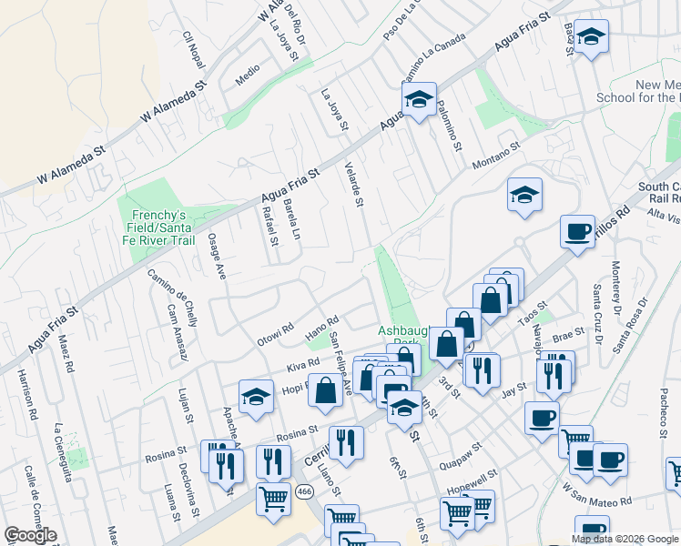 map of restaurants, bars, coffee shops, grocery stores, and more near 1713B Montano Street in Santa Fe