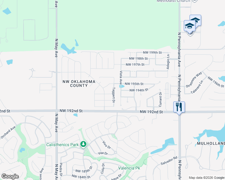 map of restaurants, bars, coffee shops, grocery stores, and more near 19504 Taggert Drive in Edmond