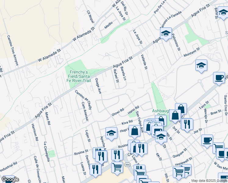 map of restaurants, bars, coffee shops, grocery stores, and more near 1919 San Ildefonso Road in Santa Fe