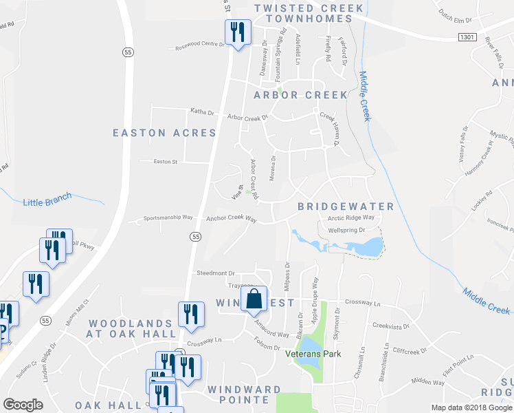map of restaurants, bars, coffee shops, grocery stores, and more near 199 Arbor Tree Court in Holly Springs
