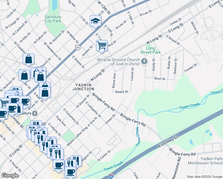 map of restaurants, bars, coffee shops, grocery stores, and more near 1001 Bryce Avenue in Salisbury