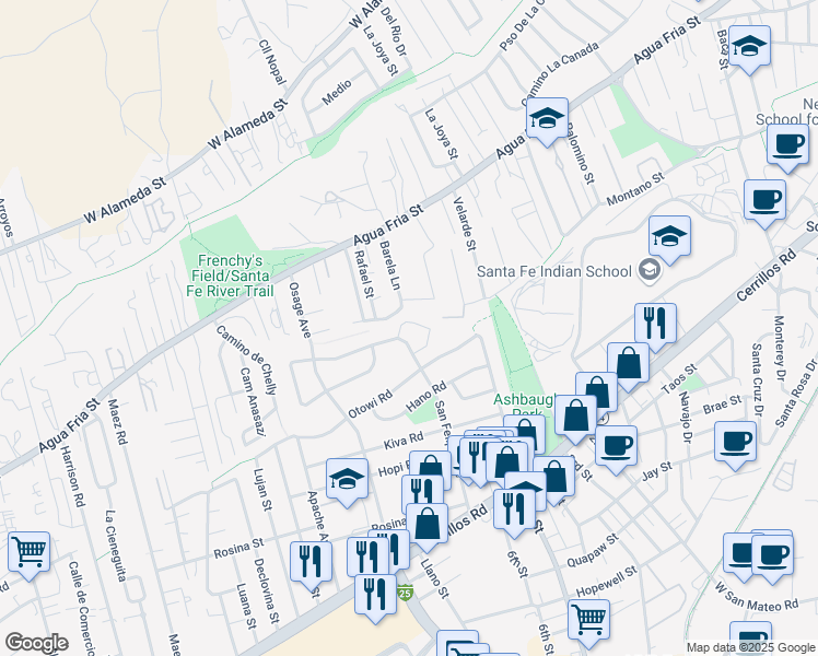 map of restaurants, bars, coffee shops, grocery stores, and more near 1828 San Felipe Circle in Santa Fe