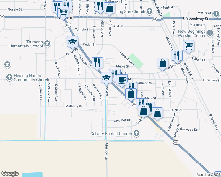 map of restaurants, bars, coffee shops, grocery stores, and more near 121 Highway 463 McDaniel R in Trumann