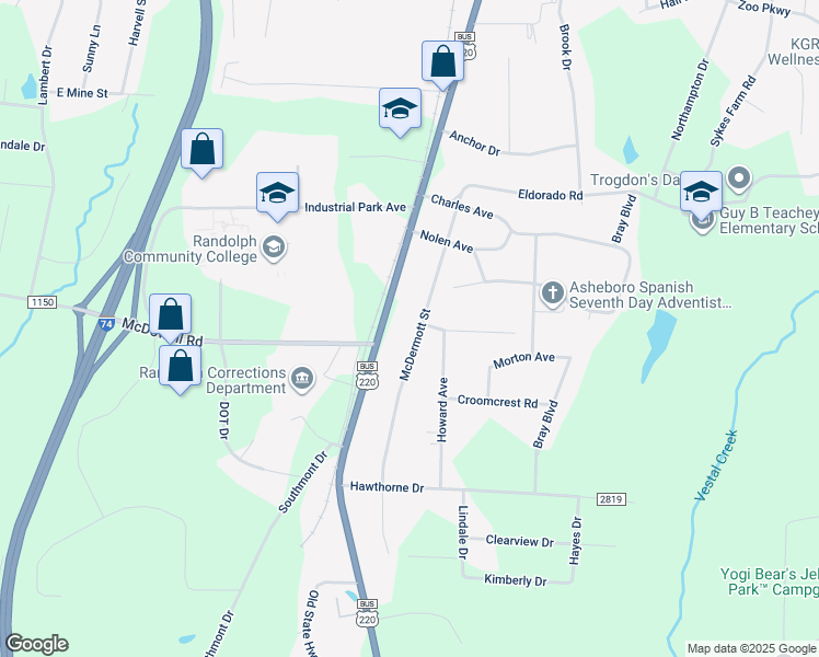 map of restaurants, bars, coffee shops, grocery stores, and more near 616 McDermott Street in Asheboro