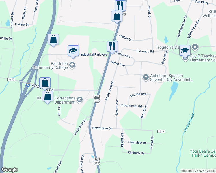 map of restaurants, bars, coffee shops, grocery stores, and more near 616 McDermott Street in Asheboro