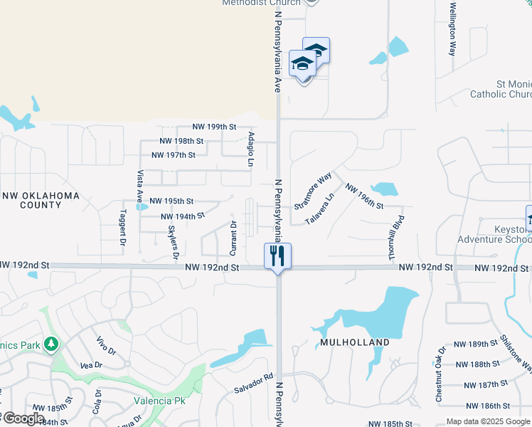 map of restaurants, bars, coffee shops, grocery stores, and more near 19501 North Pennsylvania Avenue in Edmond