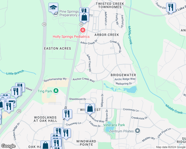 map of restaurants, bars, coffee shops, grocery stores, and more near 101 Arbor Tree Court in Holly Springs