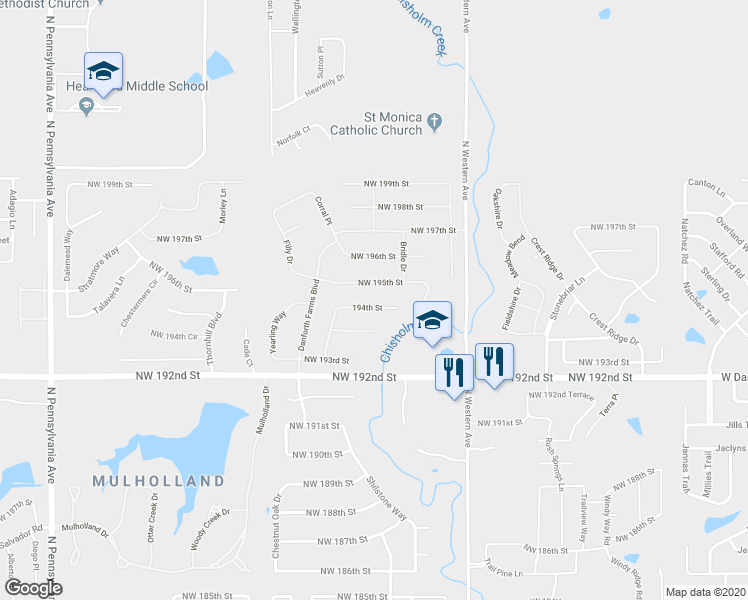 map of restaurants, bars, coffee shops, grocery stores, and more near 1217 Northwest 194th Street in Edmond