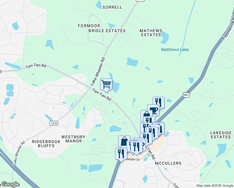 map of restaurants, bars, coffee shops, grocery stores, and more near 7621 Ten-Ten Road in Raleigh