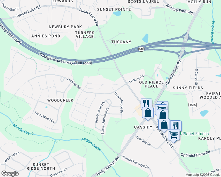 map of restaurants, bars, coffee shops, grocery stores, and more near 104 Pleasant Glen Lane in Apex