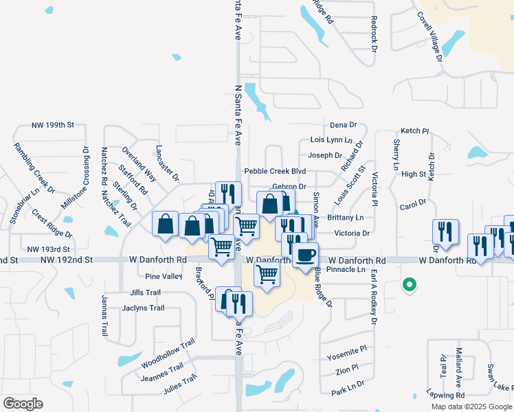 map of restaurants, bars, coffee shops, grocery stores, and more near 2200 Mark Road in Edmond