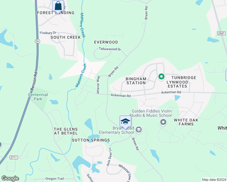 map of restaurants, bars, coffee shops, grocery stores, and more near 117 Sleeper Car Lane in Garner