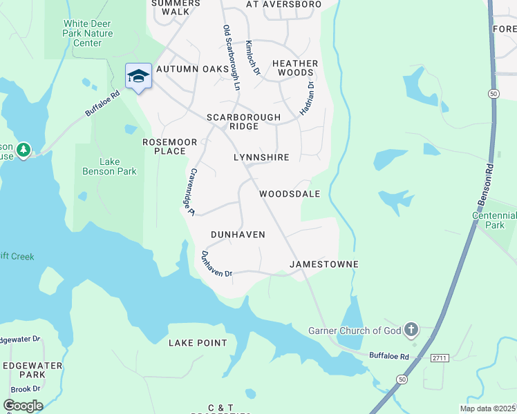 map of restaurants, bars, coffee shops, grocery stores, and more near 2604 Buffaloe Road in Garner