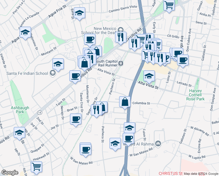map of restaurants, bars, coffee shops, grocery stores, and more near 1346 Pacheco Street in Santa Fe