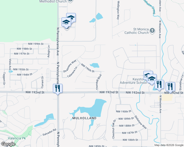 map of restaurants, bars, coffee shops, grocery stores, and more near 1713 Northwest 195th Circle in Edmond