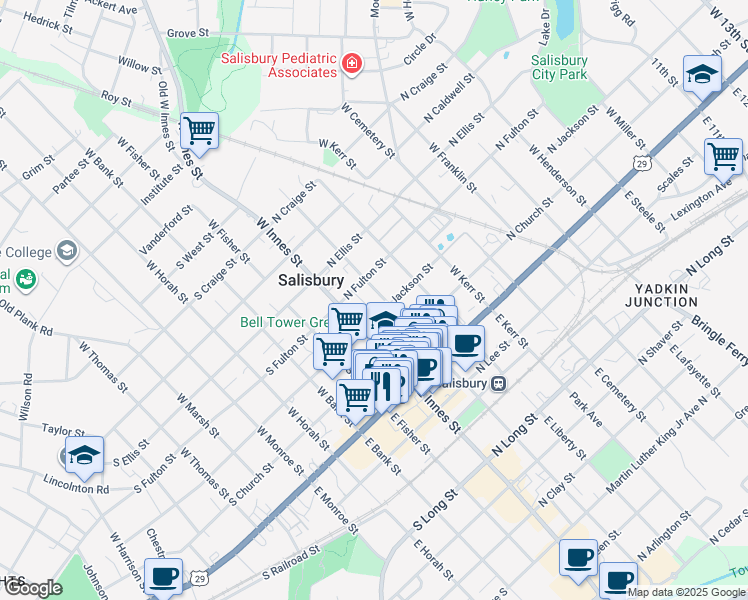 map of restaurants, bars, coffee shops, grocery stores, and more near 300 West Innes Street in Salisbury