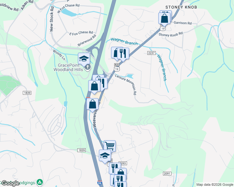 map of restaurants, bars, coffee shops, grocery stores, and more near 206 Chambwood Park in Asheville