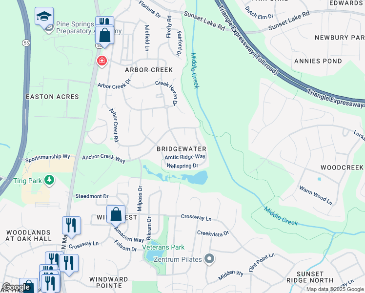 map of restaurants, bars, coffee shops, grocery stores, and more near 533 Gooseberry Drive in Holly Springs