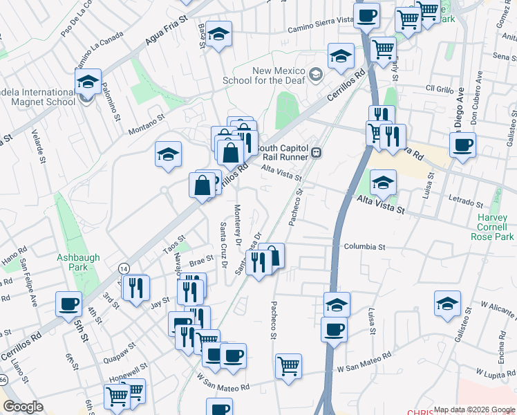 map of restaurants, bars, coffee shops, grocery stores, and more near 1409 Monterey Drive in Santa Fe