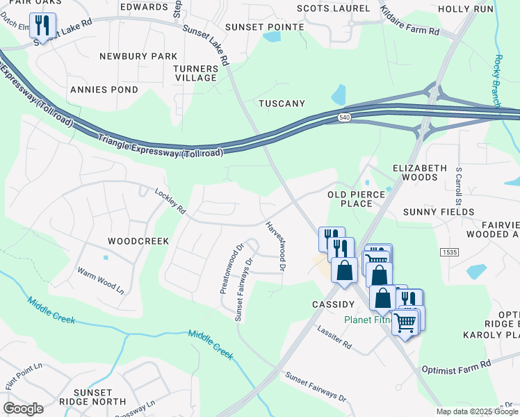 map of restaurants, bars, coffee shops, grocery stores, and more near Pleasant Glen Lane in Apex