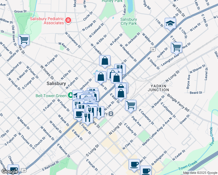 map of restaurants, bars, coffee shops, grocery stores, and more near 410 North Main Street in Salisbury