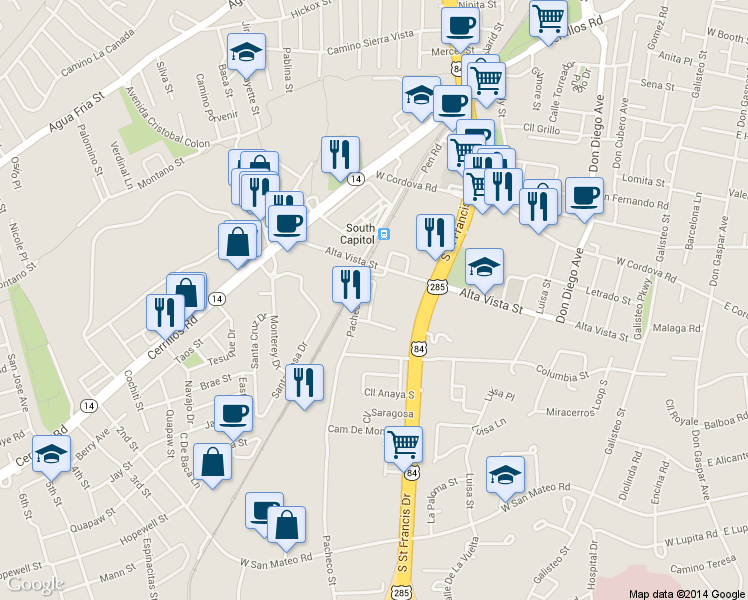 map of restaurants, bars, coffee shops, grocery stores, and more near 1351 Pacheco Street in Santa Fe