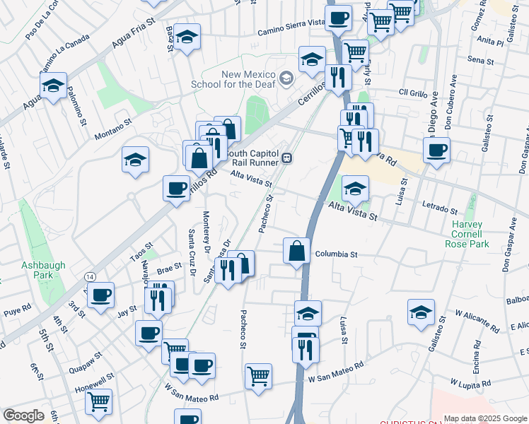 map of restaurants, bars, coffee shops, grocery stores, and more near 1351 Pacheco Street in Santa Fe