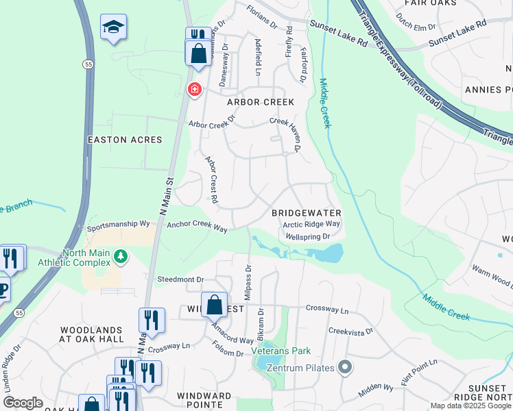 map of restaurants, bars, coffee shops, grocery stores, and more near 324 Anchor Creek Way in Holly Springs