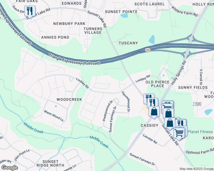 map of restaurants, bars, coffee shops, grocery stores, and more near 127 Bowerbank Lane in Apex