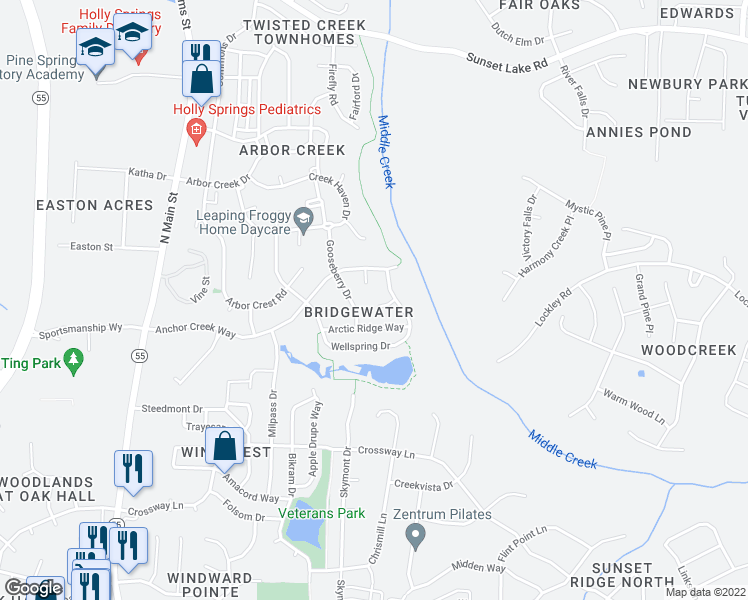 map of restaurants, bars, coffee shops, grocery stores, and more near 112 Cobblebrook Court in Holly Springs