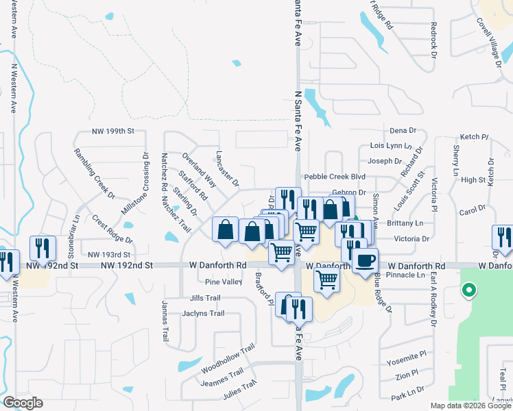 map of restaurants, bars, coffee shops, grocery stores, and more near 2501 Richland Drive in Edmond