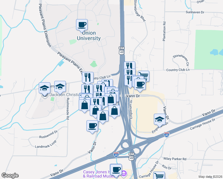 map of restaurants, bars, coffee shops, grocery stores, and more near 999 Vann Drive in Jackson