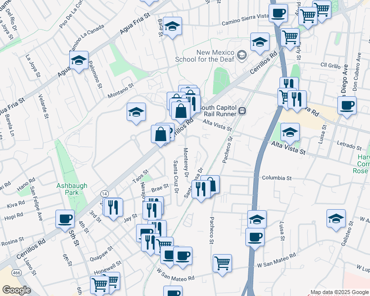 map of restaurants, bars, coffee shops, grocery stores, and more near 1409 Monterey Drive in Santa Fe