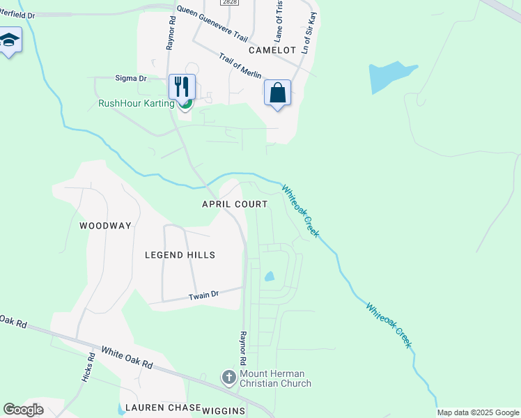 map of restaurants, bars, coffee shops, grocery stores, and more near 5621 Raynor Road in Garner
