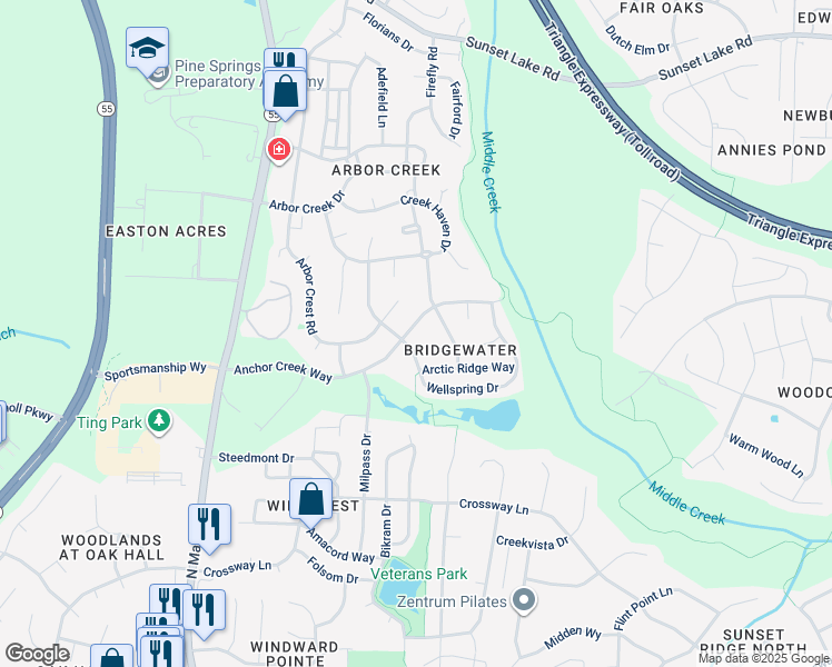 map of restaurants, bars, coffee shops, grocery stores, and more near 404 Anchor Creek Way in Holly Springs