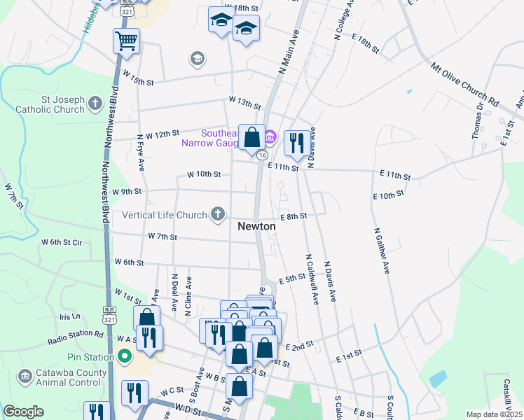 map of restaurants, bars, coffee shops, grocery stores, and more near 815 North Main Avenue in Newton