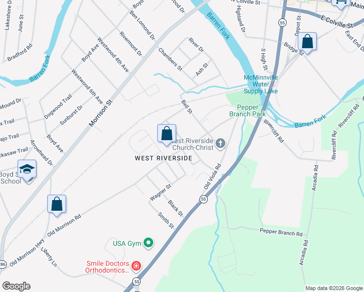 map of restaurants, bars, coffee shops, grocery stores, and more near 104 Stroud Street in McMinnville