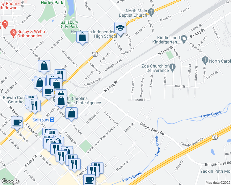 map of restaurants, bars, coffee shops, grocery stores, and more near 903 North Long Street in Salisbury
