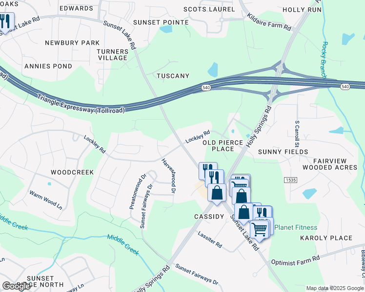 map of restaurants, bars, coffee shops, grocery stores, and more near 5112 Sunset Lake Road in Apex