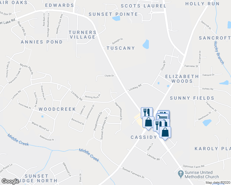 map of restaurants, bars, coffee shops, grocery stores, and more near Ransomwood Drive in Apex