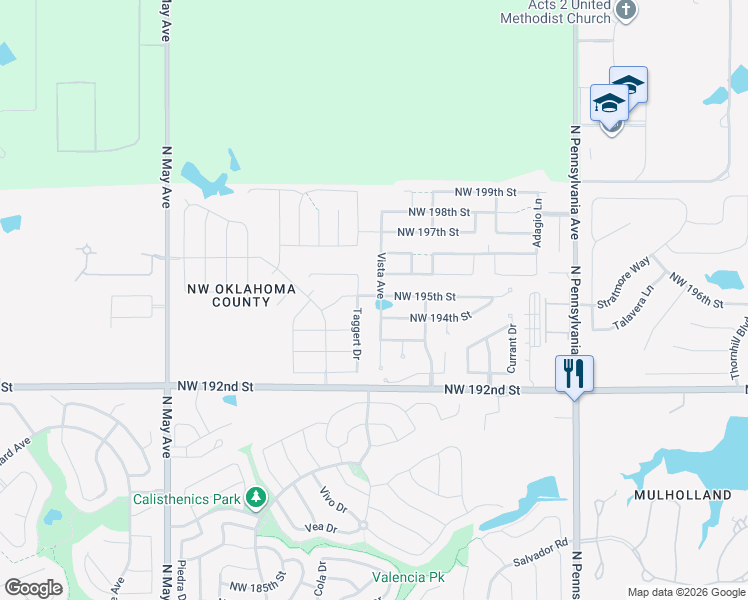 map of restaurants, bars, coffee shops, grocery stores, and more near 19517 Vista Avenue in Edmond