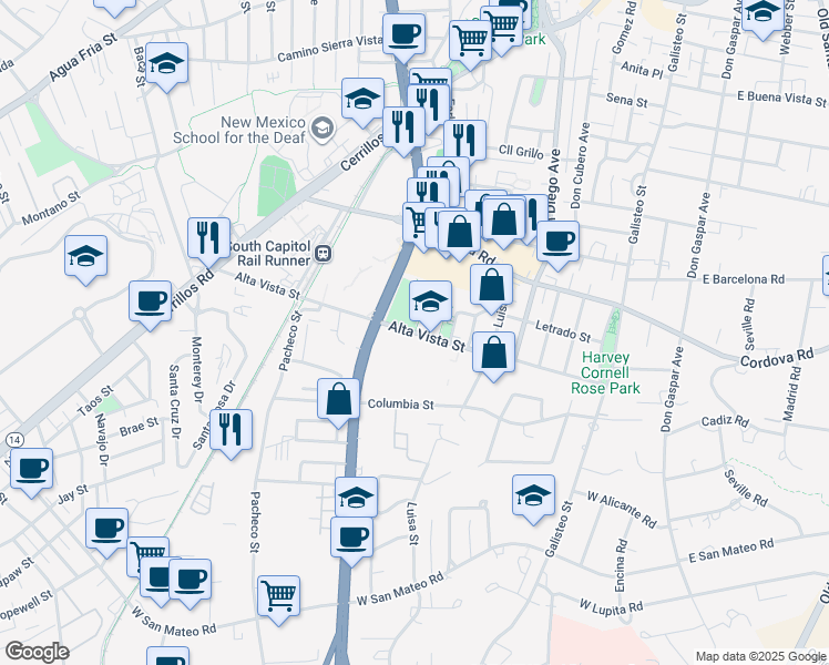 map of restaurants, bars, coffee shops, grocery stores, and more near Alta Vista Street in Santa Fe