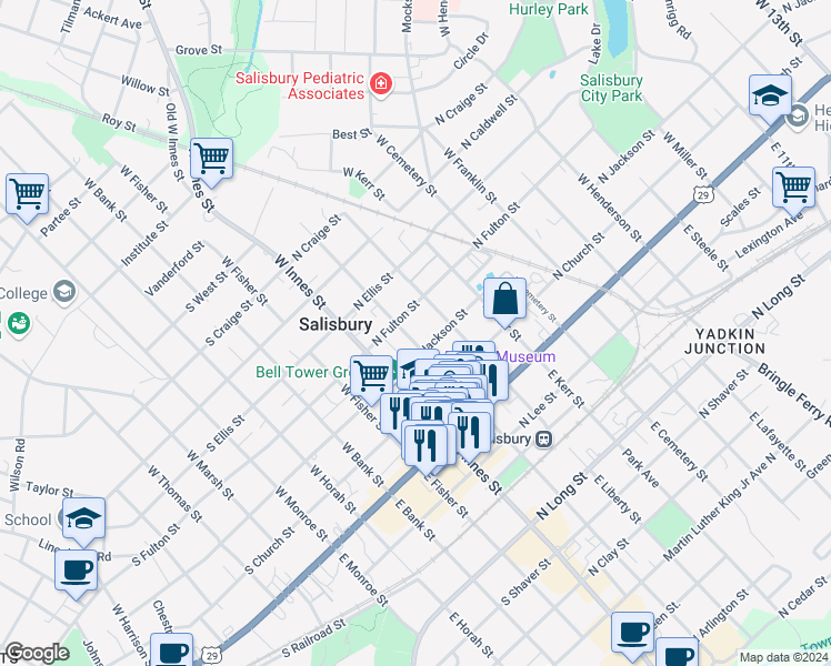 map of restaurants, bars, coffee shops, grocery stores, and more near 322 West Council Street in Salisbury
